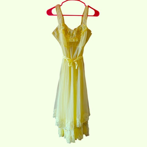 Vtg Van Raalte Sheer Yellow Nightgown Lingerie Nylon Lace Embroidered Bodice 38 - Picture 1 of 11